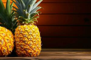 AI generated Juicy goodness showcased a fresh pineapple resting on wooden elegance photo