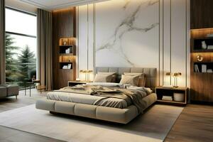 AI generated Apartments modern bedroom interior with luxurious furniture, Scandinavian design concept photo