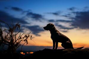 ai generado puesta de sol fondo pinturas un sereno silueta de un leal perro foto