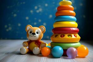 AI generated Charming baby toys scattered artfully on a neutral surface photo