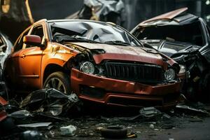 AI generated Accident scene Crashed vehicles reveal significant damage on impact photo