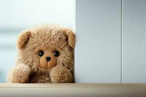 AI generated Childhood joy Cute teddy bear hides behind white wooden door photo