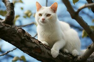 ai generado arbóreo encanto un blanco gato en un árbol rama agrega un toque de elegancia foto