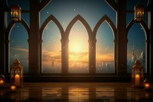ai generado fondo de mezquita, linterna, y ventana en radiante eid Mubarak foto