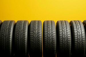 AI generated Tire symmetry Row of tires align perfectly on a yellow background photo