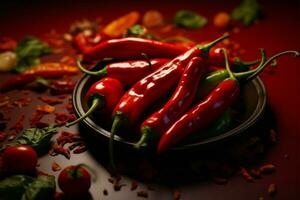 AI generated Chili inspired ambiance a red pepper background adds zest to the culinary scene photo