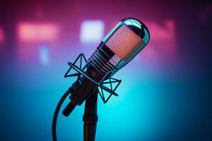 AI generated Neon elegance Studio microphone banner illuminated with red and blue lights photo