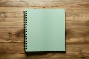 AI generated Desk simplicity Top view of a notebook elegantly placed, wooden floor photo