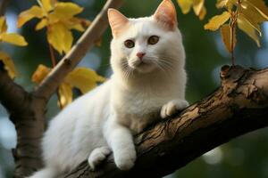 ai generado encantador visión un blanco gato en un árbol rama personifica sereno, natural elegancia foto