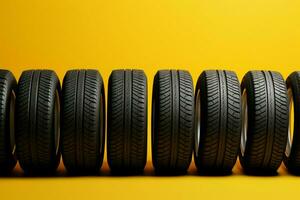 AI generated Tire row elegance Yellow background adorned with a neat row of tires photo
