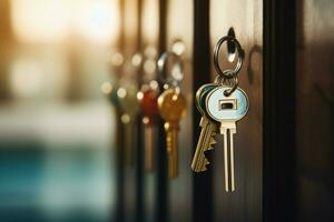 AI generated Keys on house doors represent new homes, real estate investments photo