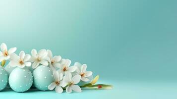 AI generated Frame background with Easter painted Eggs with flowers on light blue gradient background. Banner with copy space. Ideal for Easter promotion, spring event, holiday greeting, advertisement photo