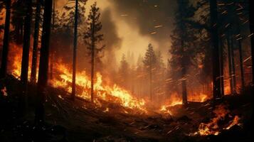 AI generated Wildfire. Forest Fire Causes Massive Destruction. Forest Engulfed in Flames. Disaster. Ecological catastrophe. Burning trees and orange smoke. For awareness campaigns on fire photo
