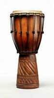 ai generado djembe tambor en un blanco antecedentes. tradicional percusión musical instrumento de africano cultura. adecuado para musical diseño, artículo, Blog, social medios de comunicación correo, álbum cubrir, póster foto