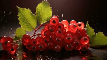 AI generated Fresh Red Currants with Green leaves on Black Background. Perfect for food advertisement, nutrition article, grocery promotion, culinary website, print media, store, supermarket, shop. photo