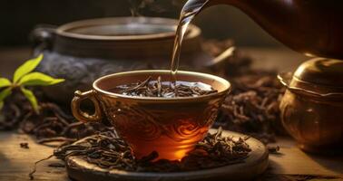 AI generated Brewing Moment with Tea Leaves and Elegant Serveware. Capturing the pour of hot tea into an elegant cup, surrounded by scattered loose leaves of tea photo