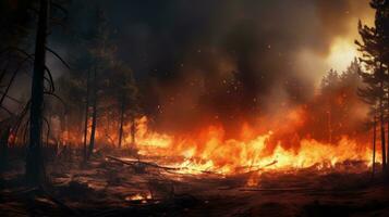 AI generated Wildfire. Forest Fire Causes Massive Destruction. Forest Engulfed in Flames. Disaster. Ecological catastrophe. Burning trees and orange smoke. For awareness campaigns on fire safety photo