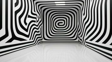 AI generated Room covered in a black and white spiral pattern, creating an optical illusion. Ideal for backgrounds or abstract design elements photo