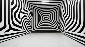 AI generated Room covered in a black and white spiral pattern, creating an optical illusion. Ideal for backgrounds or abstract design elements photo