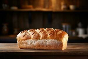 ai generado un pan en de madera mesa en contra fondo de borroso cocina. dorado marrón pan de un pan con crujiente corteza. hecho desde orgánico todo grano trigo harina. para panadería, comida Blog, receta libro foto