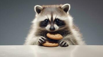 ai generado linda mapache con Galleta en ligero antecedentes. Perfecto para bocadillo anuncios o gracioso animal imágenes foto