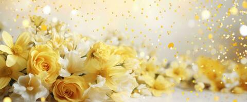 AI generated Yellow white bouquet of flowers on light background with sparkles and bokeh. Banner with copy space. Perfect for poster, greeting card, event invitation, promotion, advertising, print photo