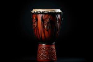 ai generado djembe tambor en un negro antecedentes. tradicional percusión musical instrumento de africano cultura. adecuado para musical diseño, artículo, Blog, social medios de comunicación correo, álbum cubrir, póster. foto