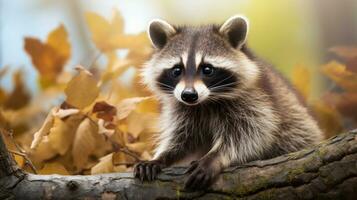 AI generated Raccoon in forest, surrounded by leaves, bathed in warm sunlight. Ideal for wildlife and nature themes, educational content, and environmental awareness campaigns photo