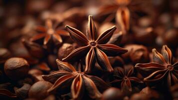 AI generated Close-up of star anise and seeds, showcasing the intricate details of the spices. Dark Background. Ideal for culinary projects, spice catalogs, or food blogs. Organic brown spices photo