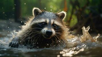 AI generated Raccoon in water, showcasing wildlife in action amidst splashes, in bright, clear setting. Suitable for wildlife photography, conservation awareness, or as study material for biology photo