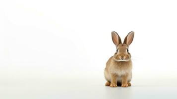 ai generado un marrón Conejo con grande orejas en un blanco antecedentes. con Copiar espacio. bandera. linda conejito. ideal para mascota, Pascua de Resurrección, o fauna silvestre contenido foto