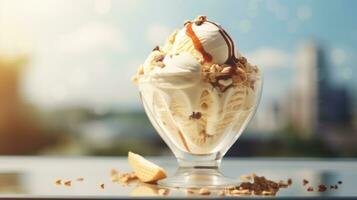 AI generated Vanilla ice cream topped with chocolate pieces in transparent glass on light blurred background with bokeh. Perfect for dessert menu, food blog, advertisement, magazine, recipe book photo