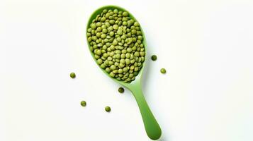 AI generated Top view of a spoon with green lentils on a white background. Healthy vegetarian food, rich in protein and vitamins. Perfect for cooking, recipe or food related content. photo