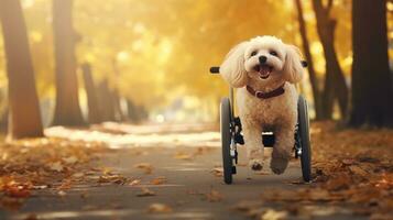 AI generated Happy joyful dog in wheelchair runs with his tongue hanging out while walking in park. Dog is disabled. Helping injured dogs. Love to animals. Advertising, banner, photo