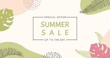 Colorful summer banner with tropical leaves. Trendy abstract horizontal poster template with palm and geometric element pattern. Modern summer sale background design, discount voucher, ad. Vector flat