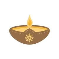 Vector flat Diya oil lamp in clay pot. An offering for gods in Hinduism. Worship for Diwali. Holiday of Light. Dipawali Aarti candle isolated on white.