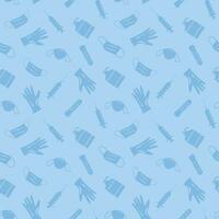 Vector Covid Coronavirus Waste Seamless Pattern. Plastic pollution on blue background. Environmental issue or ecology problem of marine rubbish, latex gloves, face masks in sea illustration.