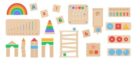 vector conjunto de montessori estilo juguetes niños de madera eco simpático lógica juegos para preescolar niños. juguetes para bebé desarrollo. colección de educativo elementos para temprano infancia desarrollo.