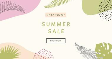 Colorful summer banner with tropical leaves. Trendy abstract horizontal poster template with palm and geometric element pattern. Modern summer sale background design, discount voucher, ad. Vector flat