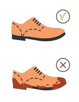 Unclean dirty and clean footwear. Brown color flat sole trendy brogue, oxford or derby shoes. Muddy boots. Vector flat illustration isolated on white. Concept for shop, clinic or hospital.