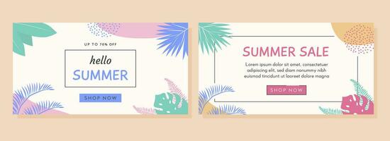 Colorful summer banner with tropical leaves. Trendy abstract horizontal poster template with palm and geometric element pattern. Modern summer sale background design, discount voucher, ad. Vector flat