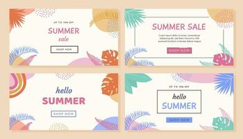 Colorful summer banner with tropical leaves. Trendy abstract horizontal poster template with palm and geometric element pattern. Modern summer sale background design, discount voucher, ad. Vector flat