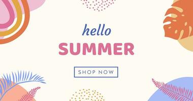 Colorful summer banner with tropical leaves. Trendy abstract horizontal poster template with palm and geometric element pattern. Modern summer sale background design, discount voucher, ad. Vector flat