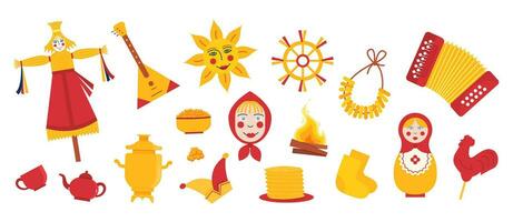 Set of elements for Maslenitsa Pancake Week. Doll in ethnic dress with straw head. Samovar, accordion, folk sun, balalaika and bublik. Traditional Winter Festival. Slavic Holiday Shrovetide. Vector. vector