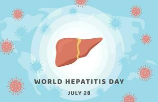 Concept of hepatitis A, B, C, D, cirrhosis, world hepatitis day. Web Horizontal Banner Template with world map and healthy human liver attacked by virus. Medical poster for Viral Hepatitis. Vector. vector