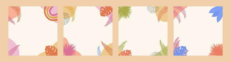 Set of modern summer story template design in pastel earthy colors. Vertical banner with Abstract geometrical shapes and tropical leafs in boho style. Vector flat illustration for ad on social media.