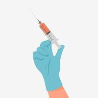 Doctor hand in latex glove with syringe with vaccine or medicine. Doctor hand making an injection. Vaccination and immunization concept. Preventive medicine, treatment. Vector illustration isolated.