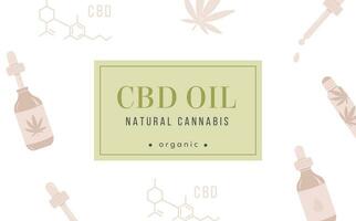 CBD Hemp Oil web banner in organic color on white background with pattern. Cannabis poster with place for text. Bottle with dropper, marijuana leaf, roller. Natural remedy for pain, stress, anxiety. vector