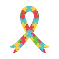 International Autism Awareness Day Banner. Ribbon with colorful puzzle pieces pattern. Jigsaw mosaic as symbol of Autistic people. Social Difficulty. Mental disorder. Vector banner or poster on white.