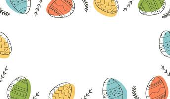 Festive border or frame template with trendy outlined geometric pattern on Easter Eggs. Horizontal banner with decorated eggs and leaves on white background. Vector illustration with place for text.